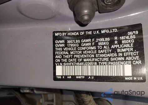 2019 Honda Civic Ex from USA, damaged, VIN SHHFK7H64KU226518